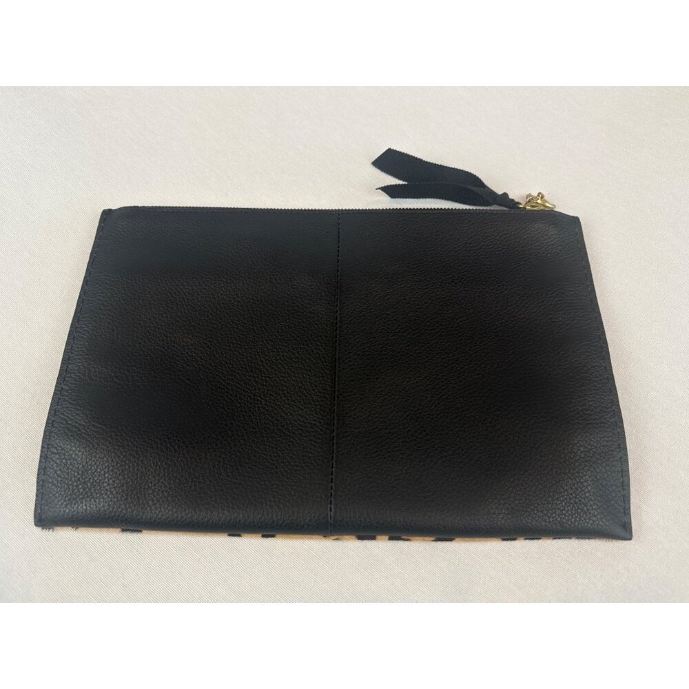 J Crew Black Leather Calf Hair Leopard Print Clutch Brass Accents Zipper - Picture 5 of 11